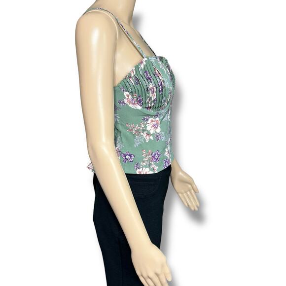 Blush BJ Womens Crop Top Floral Print Pleated Underwire Cutout Back Green Small - Picture 3 of 11
